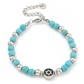 Star of David 304 Stainless Steel & Synthetic Turquoise Round Beaded Bracelets for Women