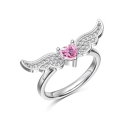 Valentine's Day Cubic Zirconia Heart Angel Wing Finger Rings, Rhodium Plated 925 Sterling Silver Ring for Women