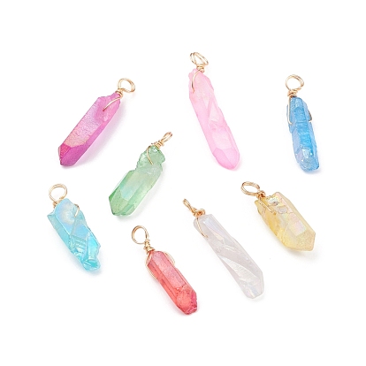 Гальванические хрустальные подвески природного кварца, с фурнитурой позолоченной латунной, окрашенные, самородки