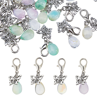 32 шт. 4 цвета стеклянные капли и бабочки в тибетском стиле из сплава подвесные украшения, с карабин-лобстерами 