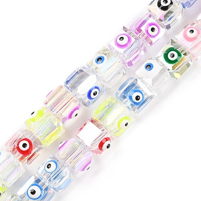 Transparent Glass Beads Strands, with Enamel, AB Color Plated, Square with Evil Eye