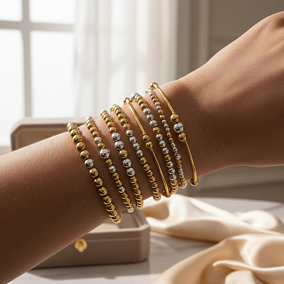 8шт. 8 стили латунных круглых бусин, эластичные браслеты и браслеты из бусин для женщин