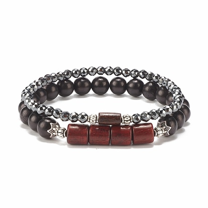 2Pcs 2 Style Synthetic Hematite & Natural Wood Stretch Bracelets Set, Yoga Jewelry for Women