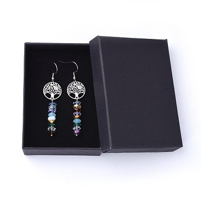 Glass Dangle Earrings, with 304 Stainless Steel Hooks, 316 Surgical Stainless Steel Cubic Zirconia Links & Cardboard Jewelry Set Boxes, Flat Round with Tree of Life
