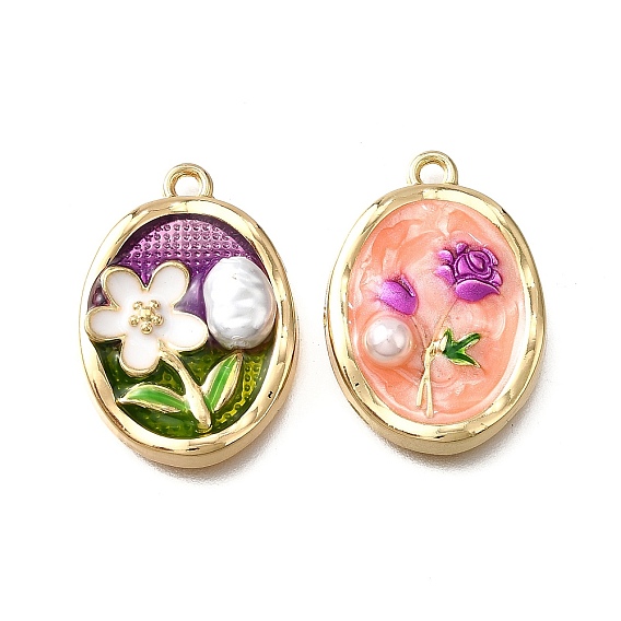 Подвески из эмали и сплава, с ABS имитации жемчуга, овальные с цветком, стойки покрытие, долговечный, без свинца, без кадмии и без никеля, золотые