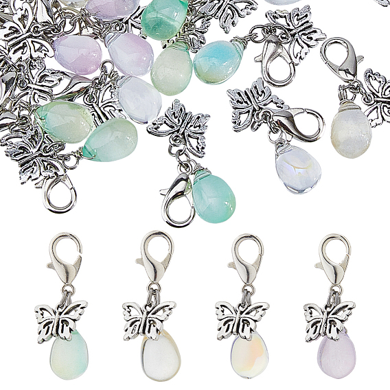 32 шт. 4 цвета стеклянные капли и бабочки в тибетском стиле из сплава подвесные украшения, с карабин-лобстерами 