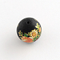 Flower Picture Frosted Glass Round Beads, with Gold Metal Enlaced, 14x13mm, Hole: 1.5mm