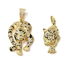 Rack Plating Brass Micro Pave Black Cubic Zirconia Pendants, with Enamel, Cadmium Free & Lead Free, Long-Lasting Plated, Leopard
