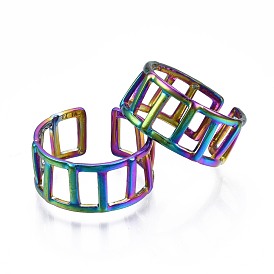 304 Stainless Steel Rectangle Cuff Ring, Rainbow Color Open Ring for Women