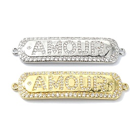 Rack Plating Brass Micro Pave Clear Cubic Zirconia Rectangle Links, Word AMOUR Connector Charms, Long-Lasting Plated, Lead Free & Cadmium Free