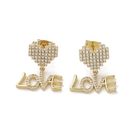 Brass Micro Pave Cubic Zirconia Dangle Stud Earrings, Heart with Word Love