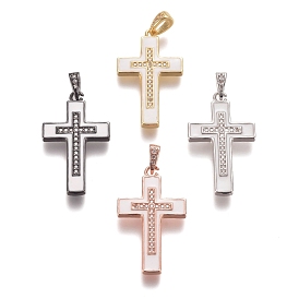 Brass Micro Pave Clear Cubic Zirconia Pendants, with Enamel, Cross