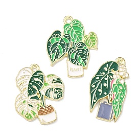 Green Plants and Potted Plants Alloy Enamel Pendants, Golden