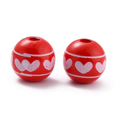 Painted Natural Wood Beads, Round with Heart Pattern