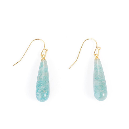1 Pair Natural Amazonite Dangle Earrings, with Brass Earring Hooks, Teardrop, Ion Plating(IP)