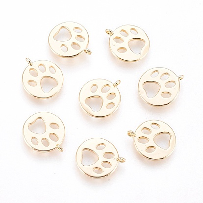 Charmes en laiton, Rond plat avec empreinte de patte de chien, sans nickel, réel 18 k plaqué or, 14x12x1mm, Trou: 1mm