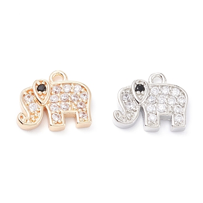 Rack Plating Brass Micro Pave Cubic Zirconia Charms, Long-Lasting Plated, Elephant