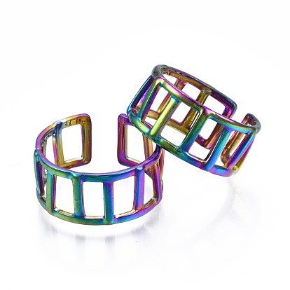 304 Stainless Steel Rectangle Cuff Ring, Rainbow Color Open Ring for Women