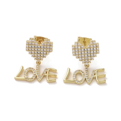 Brass Micro Pave Cubic Zirconia Dangle Stud Earrings, Heart with Word Love