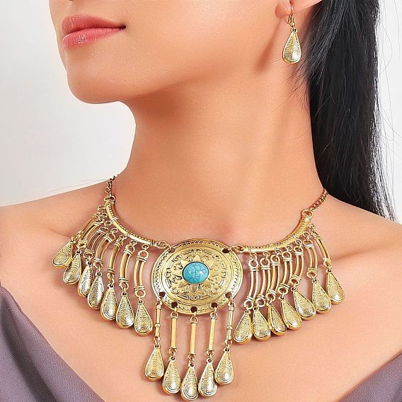 Комплекты ожерелий и серег-подвесок из сплава и смолы с имитацией бирюзы в форме капли