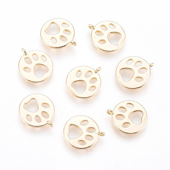 Encantos de bronce, Plano, redondo, perro, pata, impresiones, sin níquel, real 18 k chapado en oro, 14x12x1 mm, agujero: 1 mm