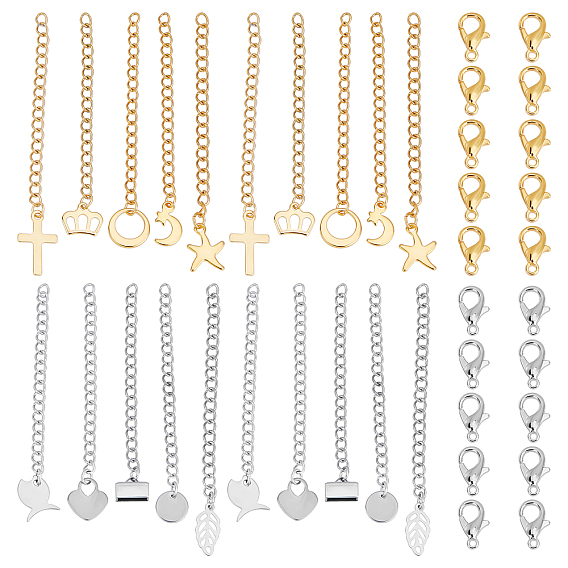 68Pcs 304 Stainless Steel Chain Extender, Curb Chain, with 202 Stainless Steel Charms
