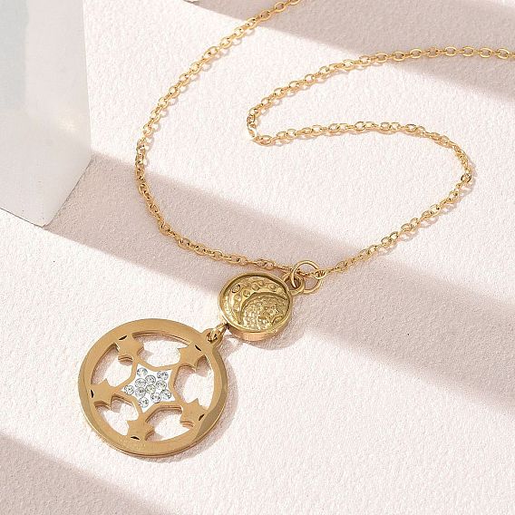 304 Stainless Steel Crystal Rhinestone Ring with Star Pendant Necklaces, Ion Plating(IP)