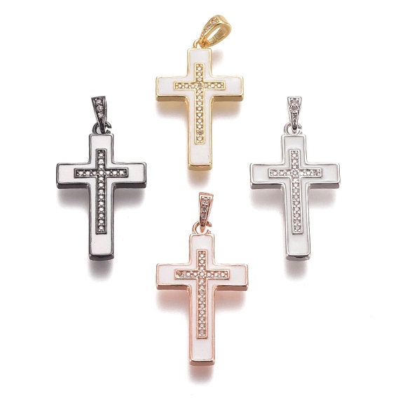 Brass Micro Pave Clear Cubic Zirconia Pendants, with Enamel, Cross