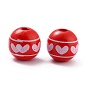 Painted Natural Wood Beads, Round with Heart Pattern