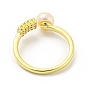 Brass Micro Pave Cubic Zirconia Rectangle Open Cuff Rings, with Natural Pearl