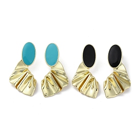 Rack Plating Real 18k Gold Plated Brass Oval Stud Earrings with Enamel, Lead Free & Cadmium Free