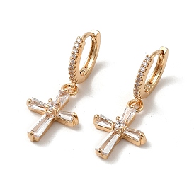 Brass Micro Pave Cubic Zirconia Dangle Hoop Earrings for Women, Cross