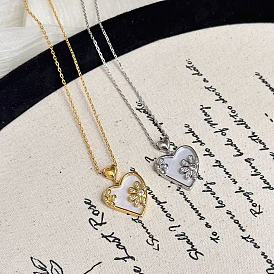 Женские кулоны в форме сердца из латуни с инкрустацией прозрачными кубическими циркониями и натуральными ракушками., цвет морской раковины