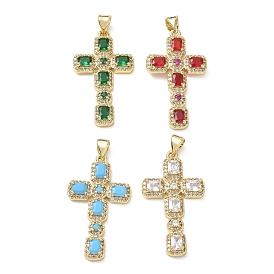 Brass Micro Pave Cubic Zirconia Pendants, Cross Charms, Long-Lasting Plated, Rack Plating, Lead Free & Cadmium Free, Real 18K Gold Plated