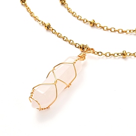 Bullet Natural Rose Quartz Pendant Necklace for Girl Women, with 304 Stainless Steel Curb Chains