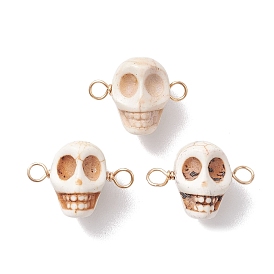 Halloween Synthetic Magnesite Skull Links Connector Charms, with Golden Tone Copper Wire Double Loops