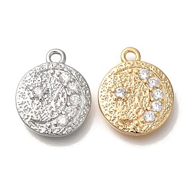 Brass Micro Pave Cubic Zirconia Pendants, Round with Moon Charms