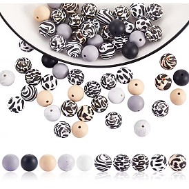 100 pcs 15 mm perles de silicone imprimé vache imprimé zèbre imprimé léopard imprimé animal perles de silicone en vrac pour porte-clés bracelet collier bricolage artisanat fabrication