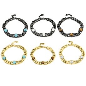 304 Stainless Steel & Gemstone Polygon Link Bracelets for Women