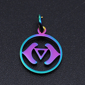 Chakra Theme Ion Plating(IP) 201 Stainless Steel Charms, Laser Cut Pendants, with Jump Rings, Flat Round, Rainbow Color