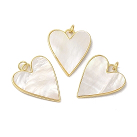 Rack Plating Brass Pave Shell Pendants, Heart Charms with Jump Rings, Real 18K Gold Plated, Long-Lasting Plated, Cadmium Free & Lead Free
