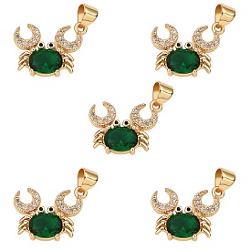5Pcs Brass Micro Pave Clear & Green Cubic Zirconia Pendants, Nickel Free, Crab