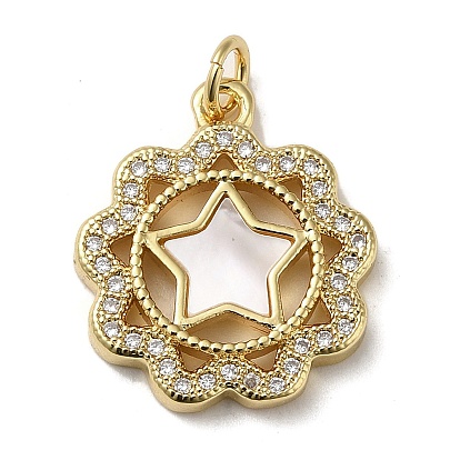 Brass Micro Pave Cubic Zirconia Pendants, Cadmium Free & Lead Free, with Shell, Star