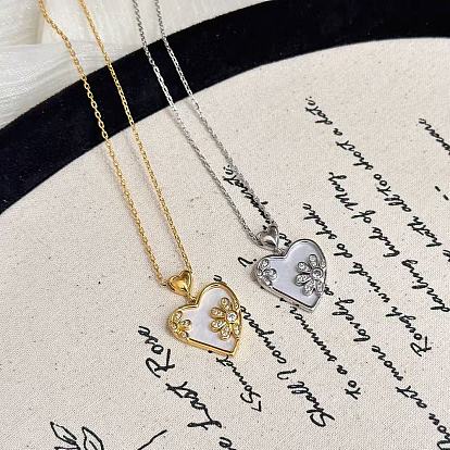 Женские кулоны в форме сердца из латуни с инкрустацией прозрачными кубическими циркониями и натуральными ракушками., цвет морской раковины