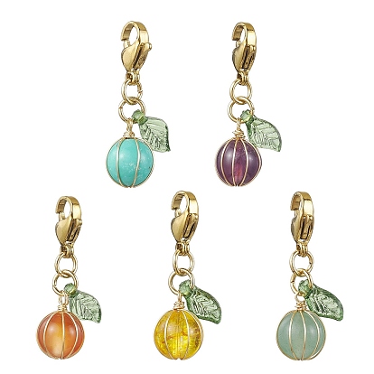 5Pcs Fruit Wire Wrapped Mixed Gemstone Pendant Decorations, Lobster Claw Clasps Ornaments for Bag Key Chain