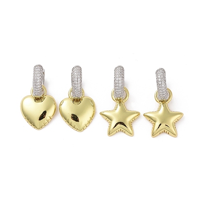 Серьги-кольца с подвесками из двухцветной латуни с микропаве и прозрачным фианитом, платиной и золотом