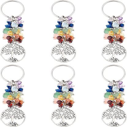 6шт брелок из натурального драгоценного камня, с латунной фурнитурой , плоские круглые с деревом