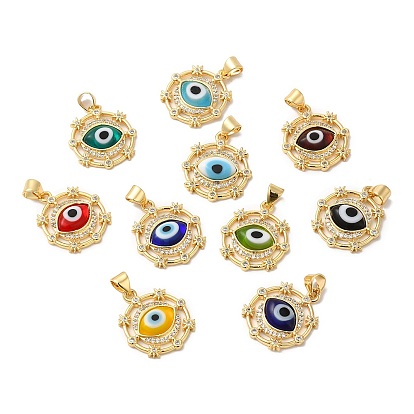 Handmade Evil Eye Lampwork Pendants, with Brass Cubic Zirconia Finding, Cadmium Free & Lead Free, Real 18K Gold Plated, Flat Round Charm