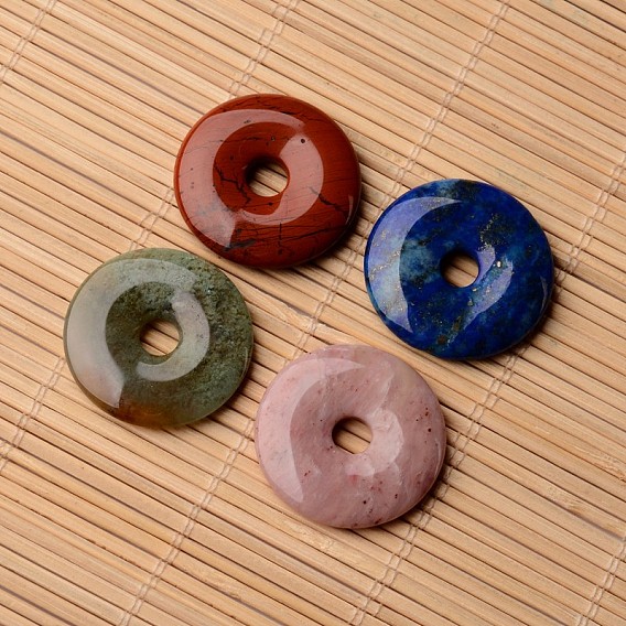 Donut/Pi Disc Natural Gemstone Pendants, 30x4~5mm, Hole: 6mm
