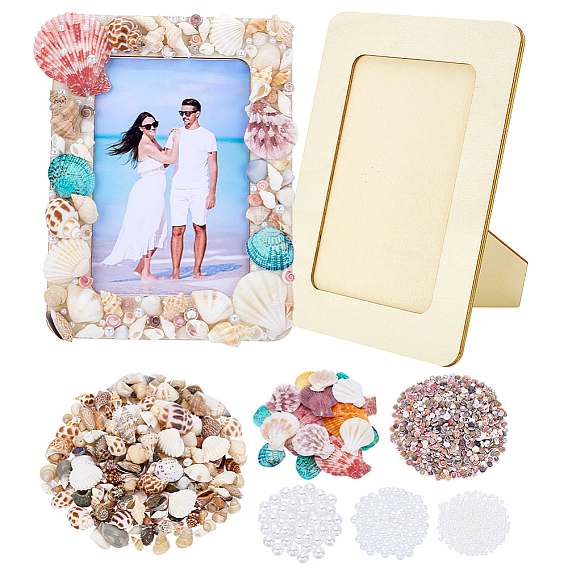 Наборы материалов для изготовления деревянных подставок для фоторамок своими руками, включить в оформление природные ракушки, имитация жемчуга акриловые